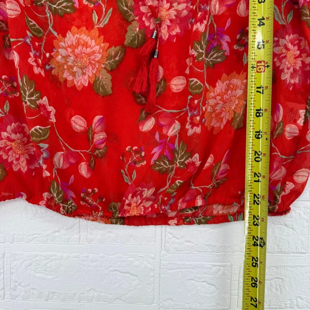 Rose + Olive Floral Blouse Women Size L Red Flutter Sleeve Tassel Tie Top Boho